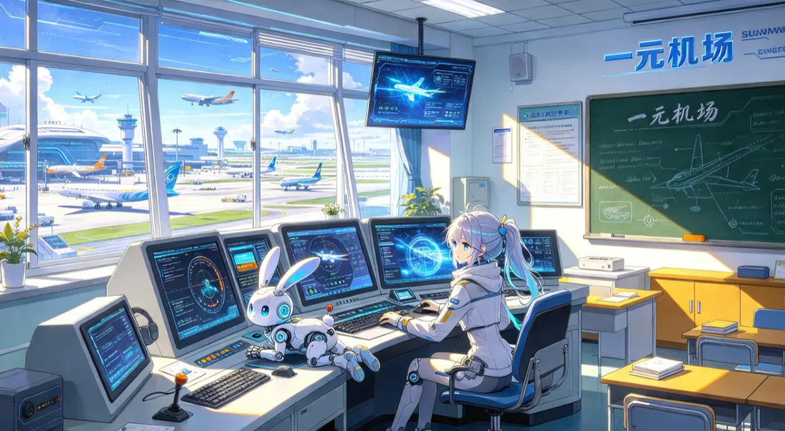 机场控制室里少女与机器兔的动漫风插画